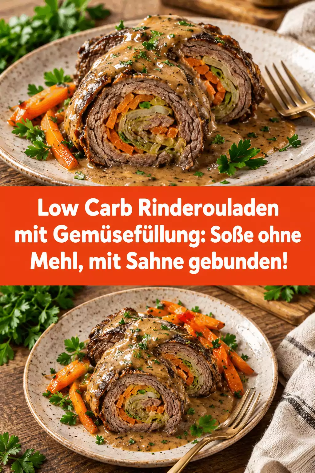 Low Carb Rinderrouladen mit Gemüsefüllung: Soße ohne Mehl, mit Sahne gebunden!