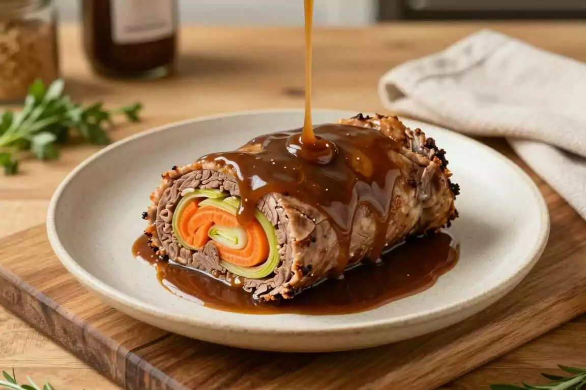 Low Carb Rinderrouladen mit Gemüsefüllung: Soße ohne Mehl, mit Sahne gebunden!