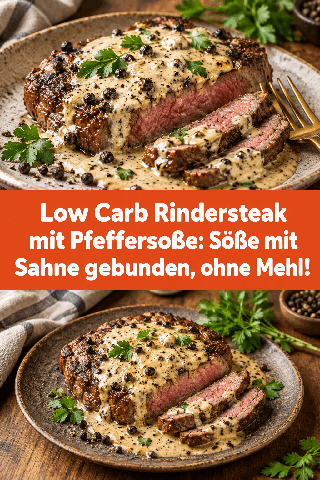 Low Carb Rindersteak mit Pfeffersoße: Soße mit Sahne gebunden, ohne Mehl!