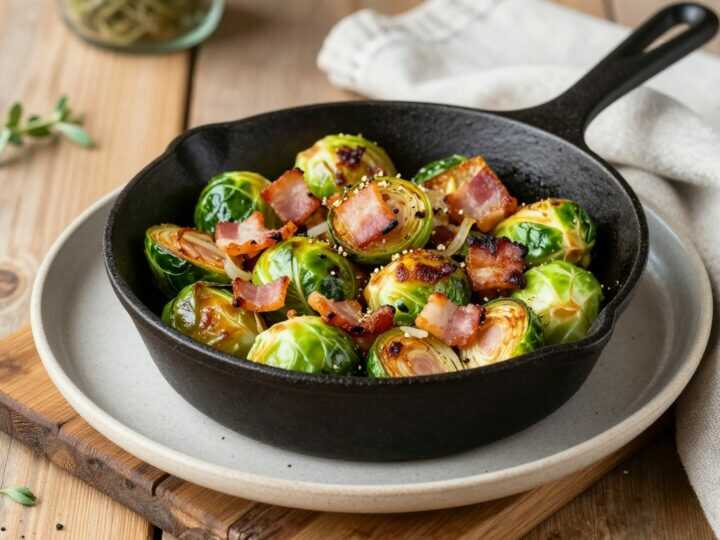 Low Carb Rosenkohl-Pfanne mit Speck: 500 g Rosenkohl, 15 Minuten, deftig!