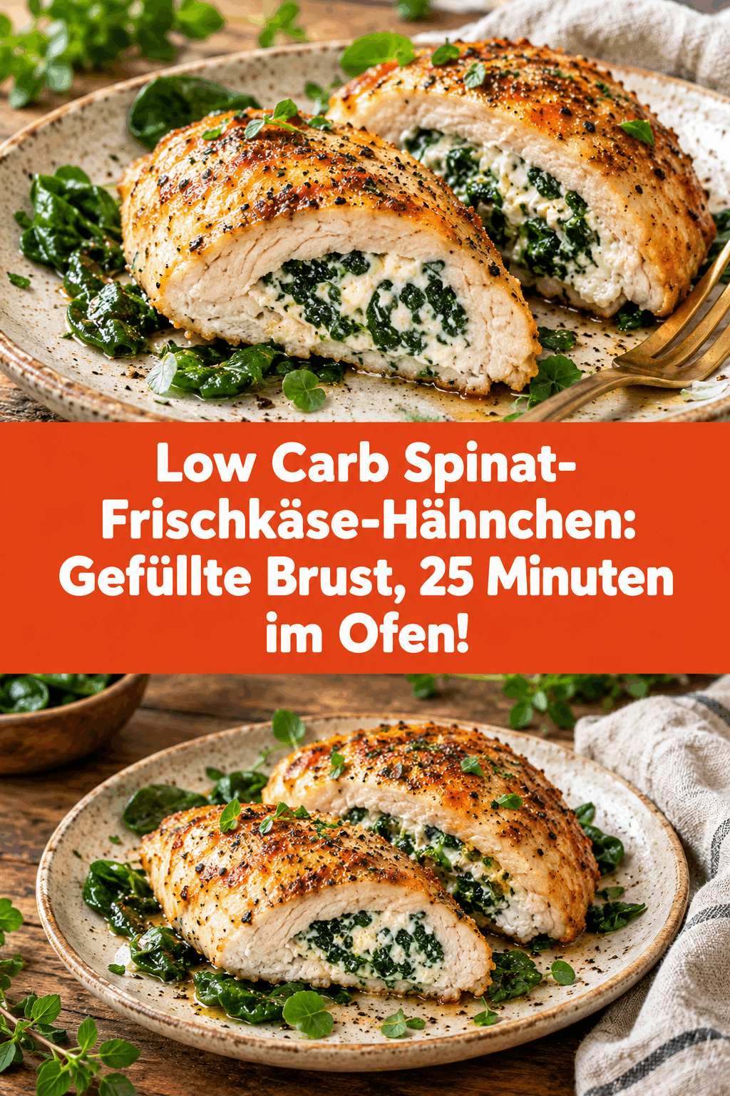 Low Carb Spinat-Frischkäse-Hähnchen: Gefüllte Brust, 25 Minuten im Ofen!