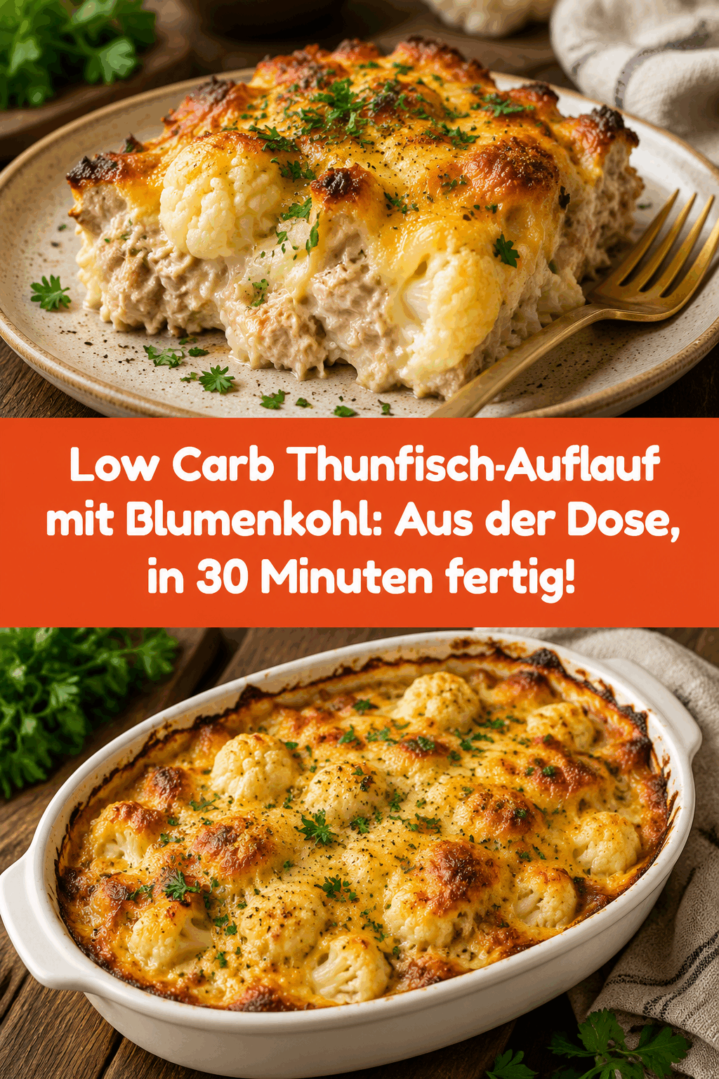 Low Carb Thunfisch-Auflauf mit Blumenkohl: Aus der Dose, in 30 Minuten fertig!