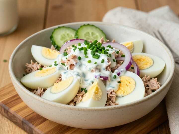 Low Carb Thunfischsalat mit Ei und Joghurtdressing: Das Mittagessen zum Mitnehmen!