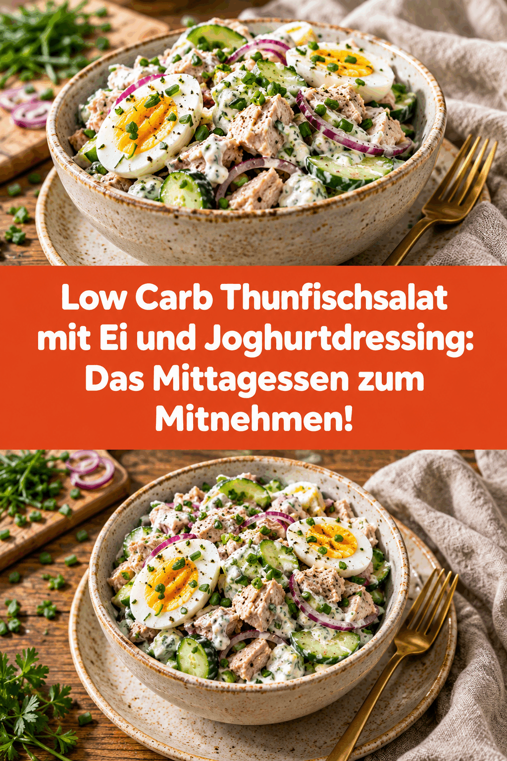 Low Carb Thunfischsalat mit Ei und Joghurtdressing: Das Mittagessen zum Mitnehmen!