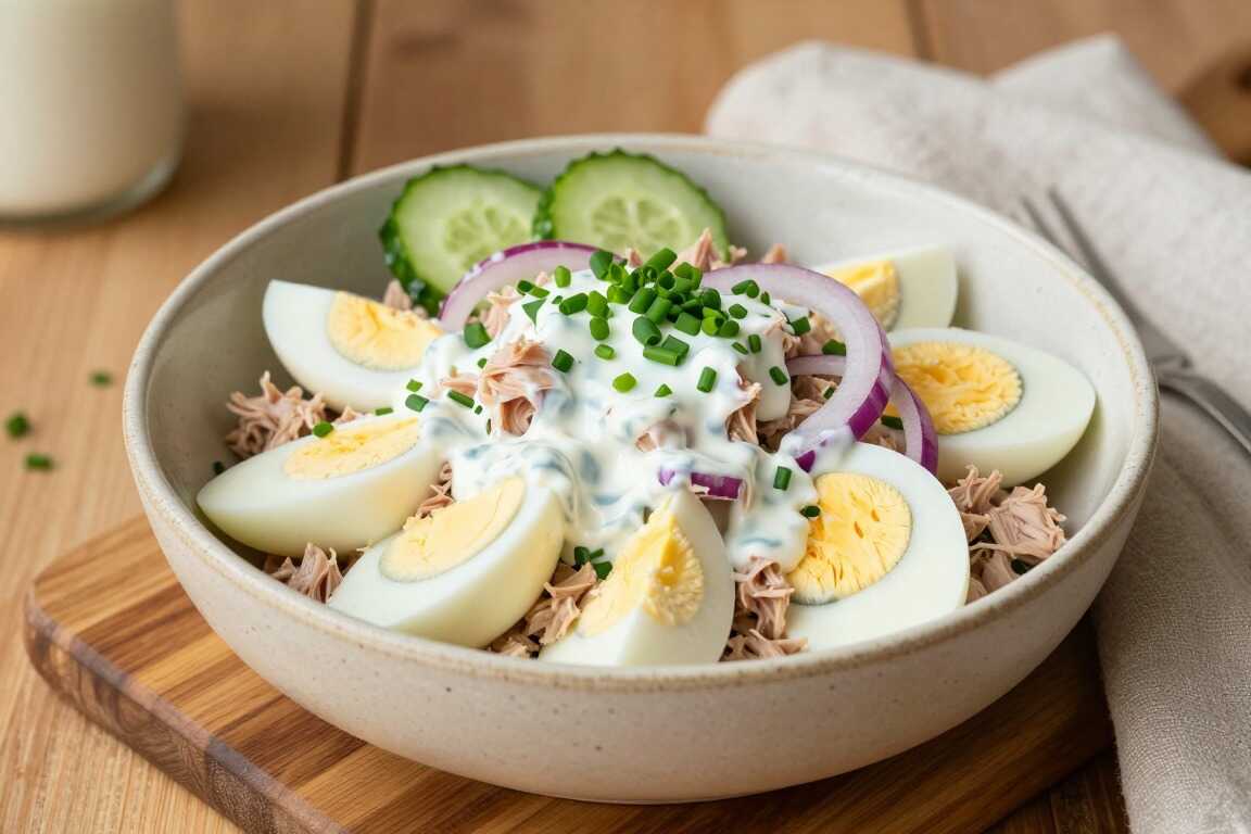 Low Carb Thunfischsalat mit Ei und Joghurtdressing: Das Mittagessen zum Mitnehmen!