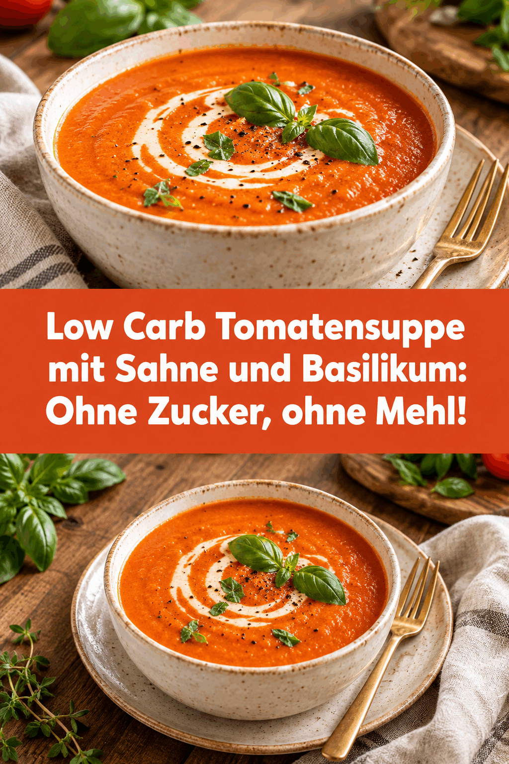 Low Carb Tomatensuppe mit Sahne und Basilikum: Ohne Zucker, ohne Mehl!