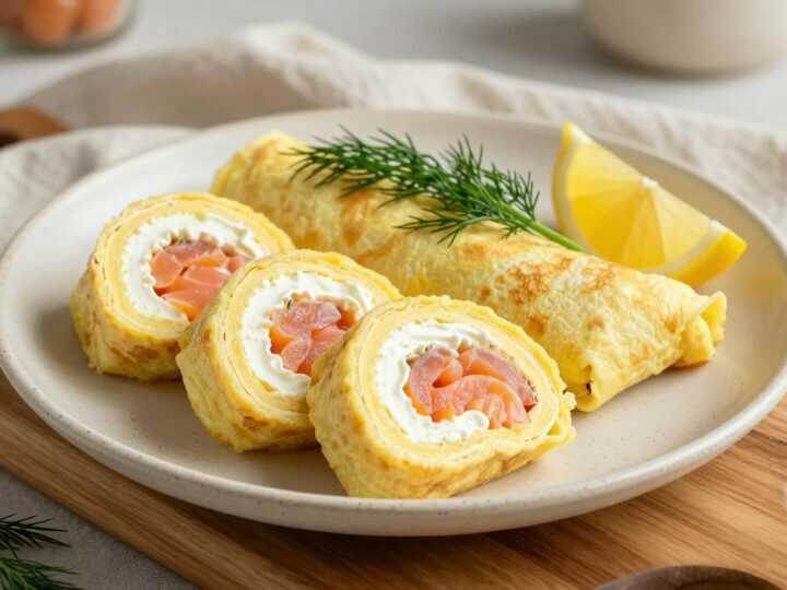 Low Carb Wraps aus Eierpfannkuchen: Vier Rollen, gefüllt mit Frischkäse und Lachs!