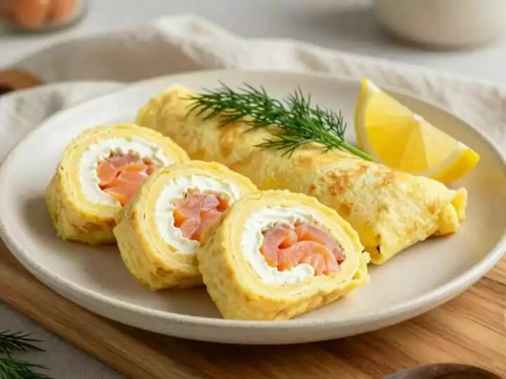 Low Carb Wraps aus Eierpfannkuchen: Vier Rollen, gefüllt mit Frischkäse und Lachs!