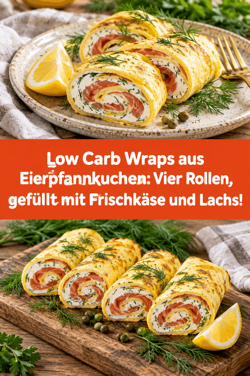 Low Carb Wraps aus Eierpfannkuchen: Vier Rollen, gefüllt mit Frischkäse und Lachs!