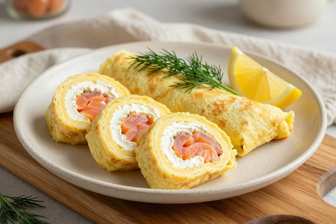 Low Carb Wraps aus Eierpfannkuchen: Vier Rollen, gefüllt mit Frischkäse und Lachs!