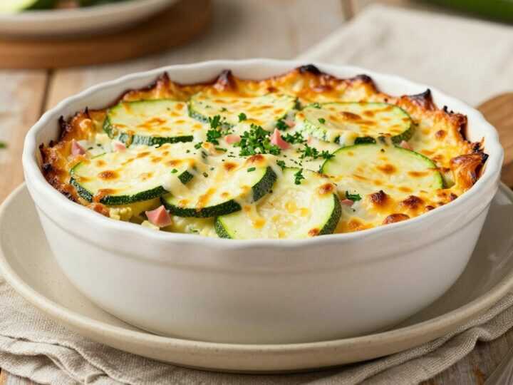 Low Carb Zucchini-Auflauf mit Schinken: Vier Portionen aus einer Auflaufform!