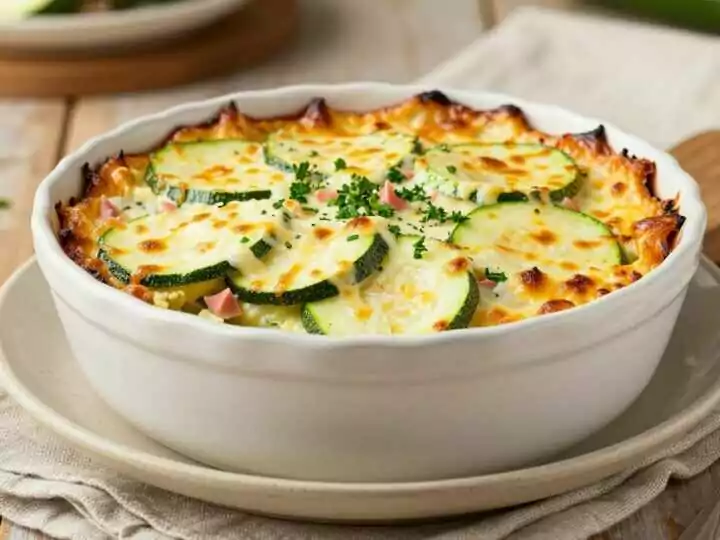 Low Carb Zucchini-Auflauf mit Schinken: Vier Portionen aus einer Auflaufform!