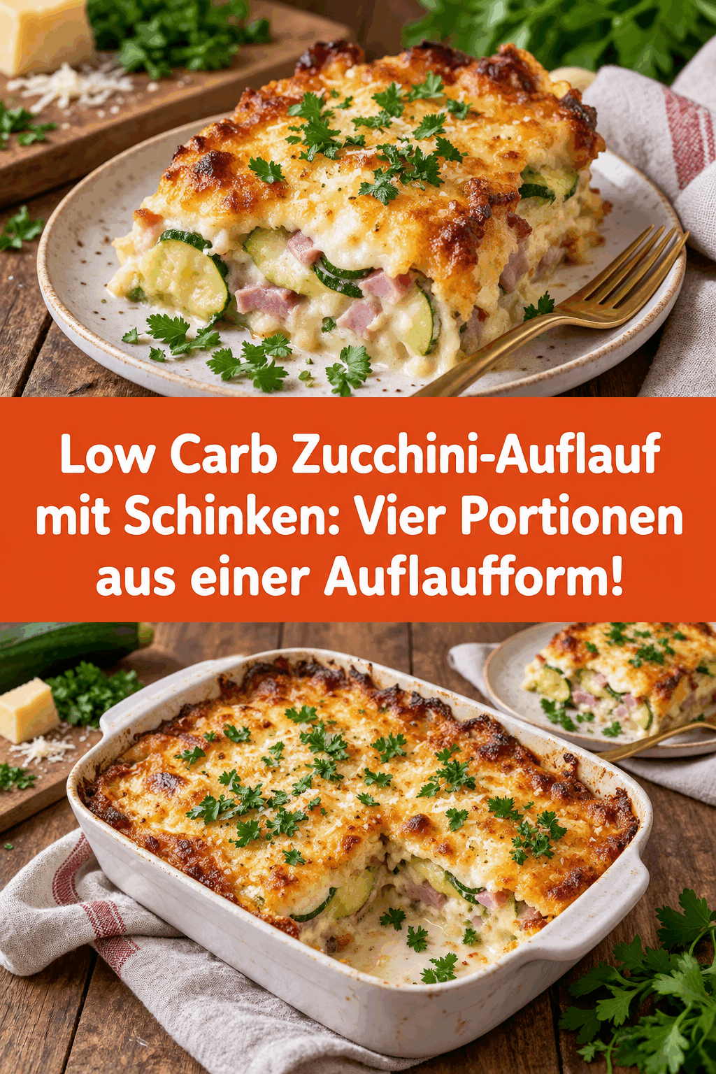 Low Carb Zucchini-Auflauf mit Schinken: Vier Portionen aus einer Auflaufform!