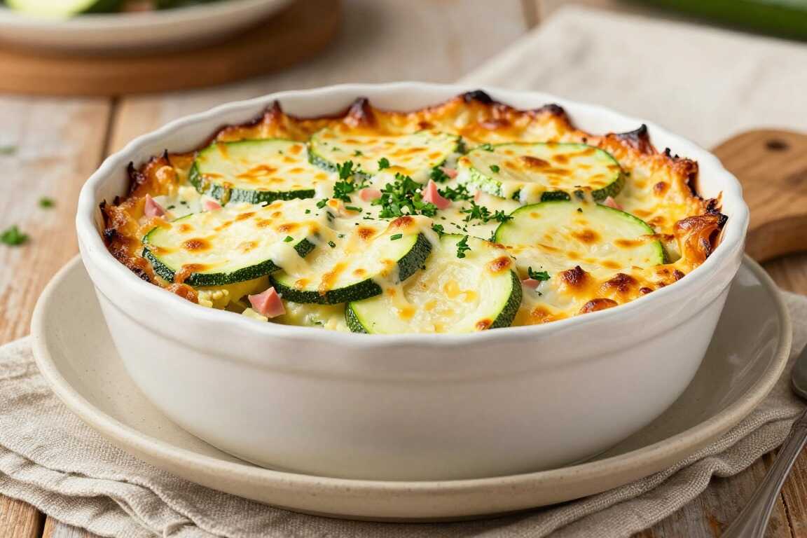 Low Carb Zucchini-Auflauf mit Schinken: Vier Portionen aus einer Auflaufform!