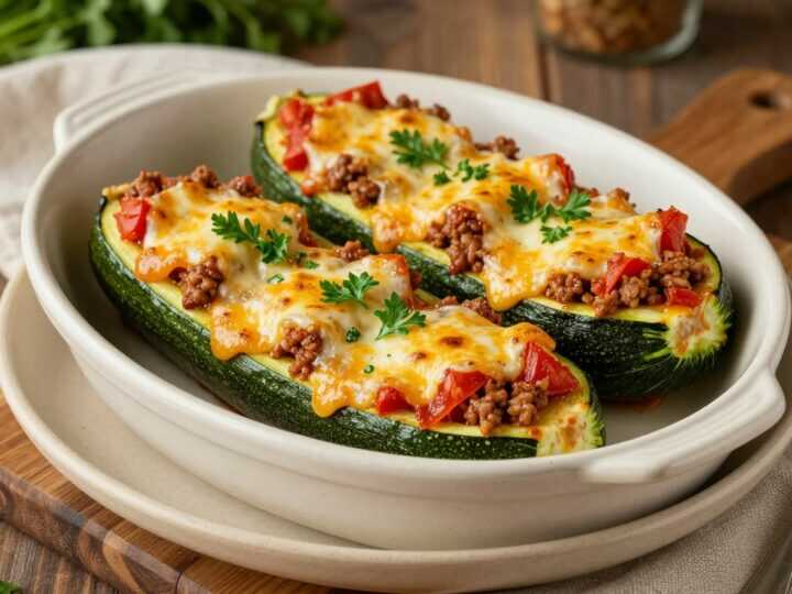 Low Carb Zucchiniboote mit Hackfleisch gefüllt: Vier Stück satt, 8 g Kohlenhydrate!