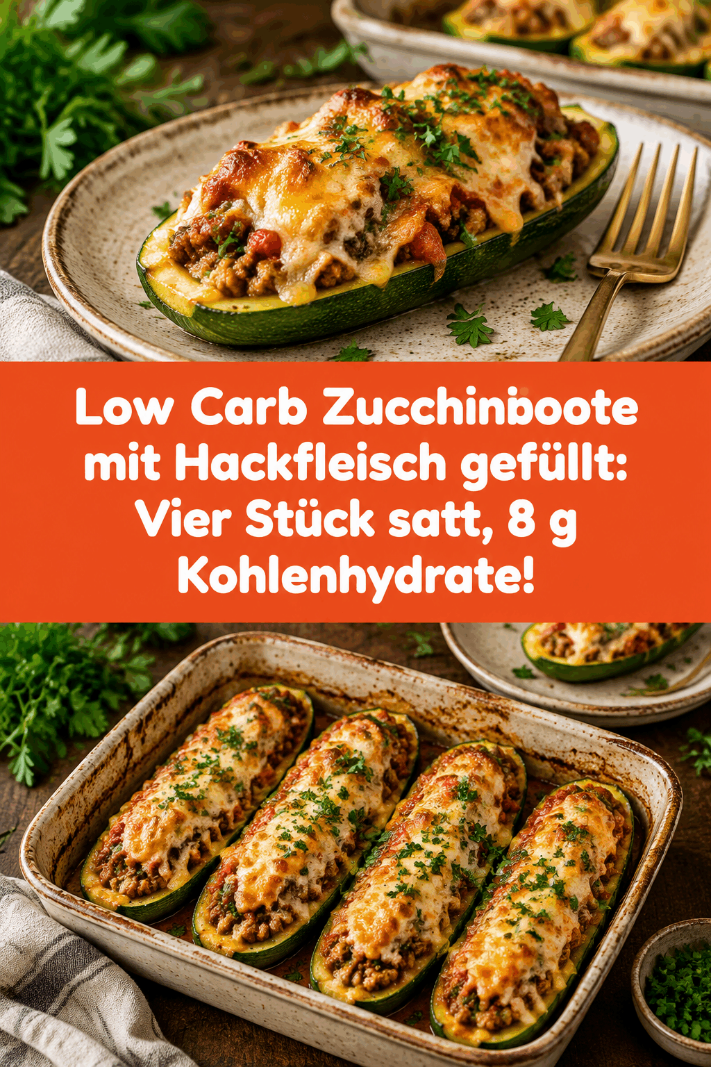 Low Carb Zucchiniboote mit Hackfleisch gefüllt: Vier Stück satt, 8 g Kohlenhydrate!