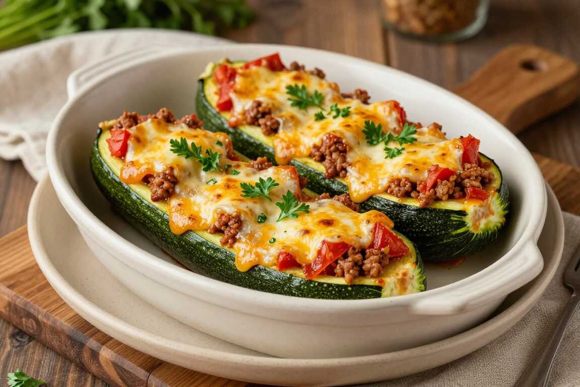 Low Carb Zucchiniboote mit Hackfleisch gefüllt: Vier Stück satt, 8 g Kohlenhydrate!