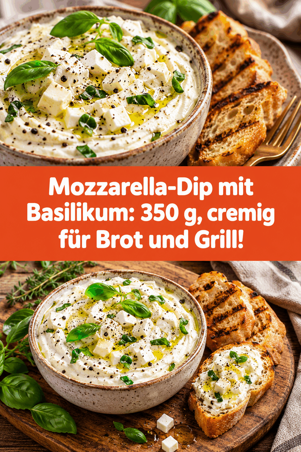 Mozzarella-Dip mit Basilikum: 350 g, cremig für Brot und Grill!