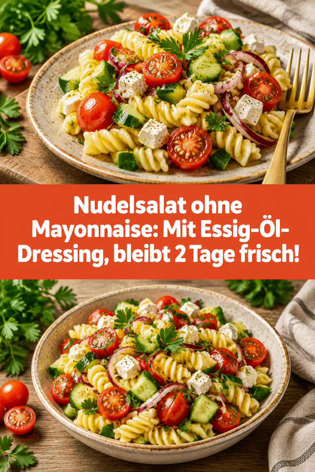 Nudelsalat ohne Mayonnaise: Mit Essig-Öl-Dressing, bleibt 2 Tage frisch!
