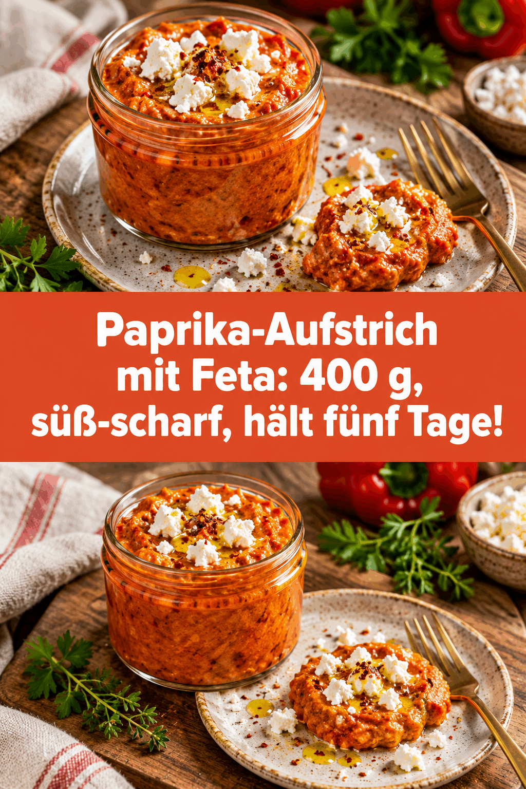 Paprika-Aufstrich mit Feta: 400 g, süß-scharf, hält fünf Tage!