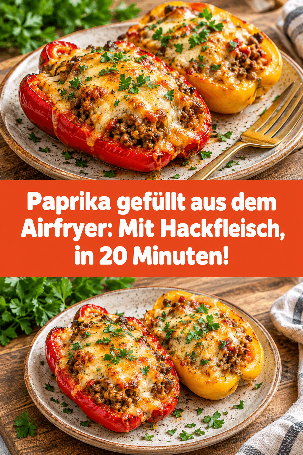 Paprika gefüllt aus dem Airfryer: Mit Hackfleisch, in 20 Minuten!