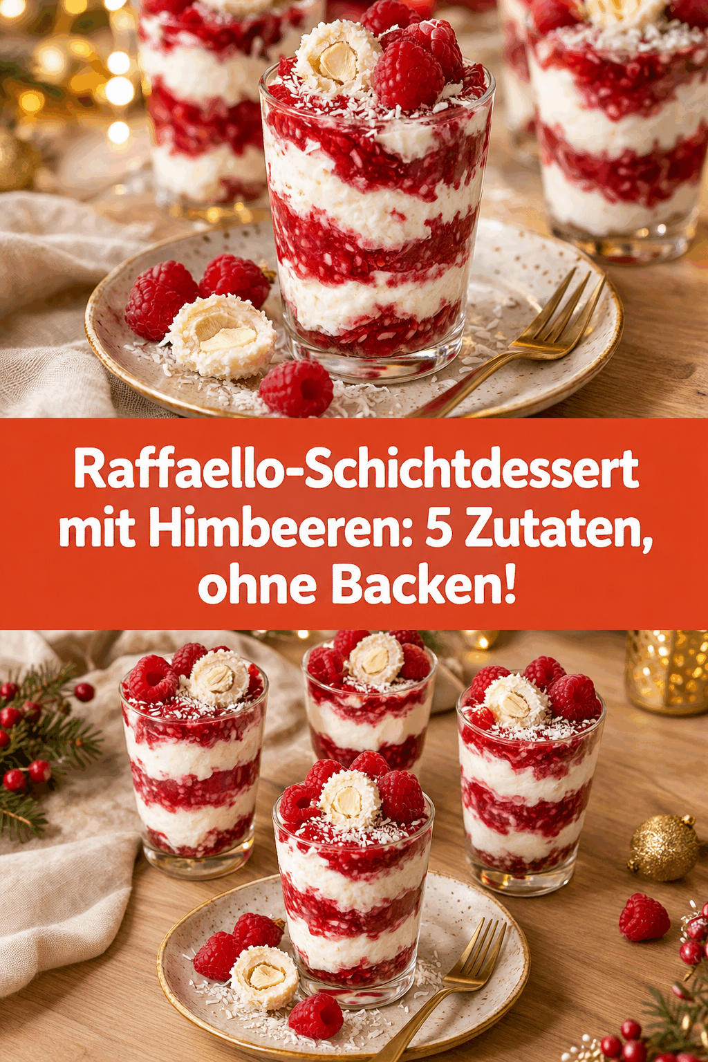 Raffaello-Schichtdessert mit Himbeeren: 5 Zutaten, ohne Backen!