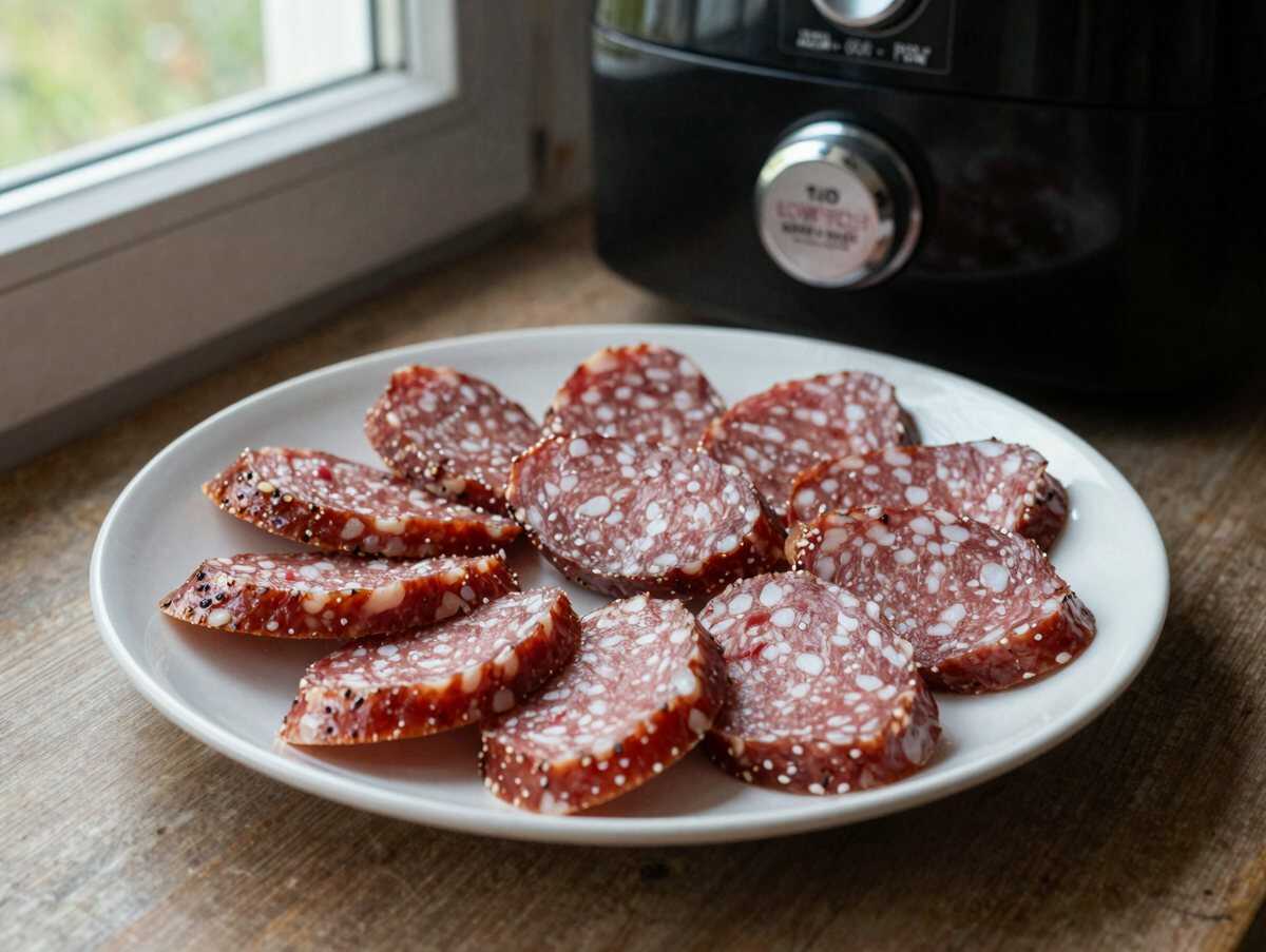 Salami-Chips als Low-Carb-Snack aus dem Airfryer: knusprig ohne einen Tropfen Öl – während der Zubereitung