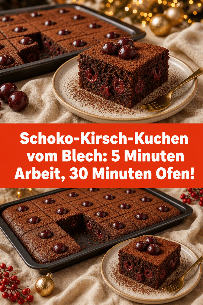 Schoko-Kirsch-Kuchen vom Blech: 5 Minuten Arbeit, 30 Minuten Ofen!