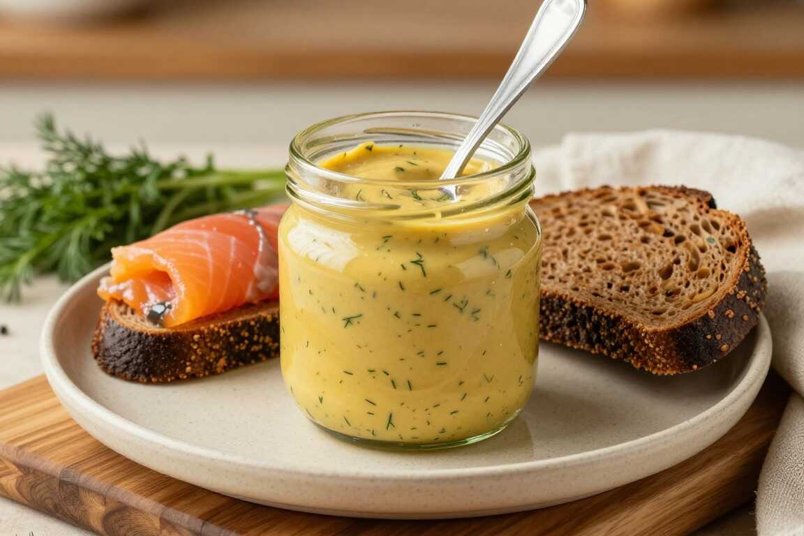 Senf-Dill-Soße für Fisch und Brot: 300 ml, süßsauer angerührt!