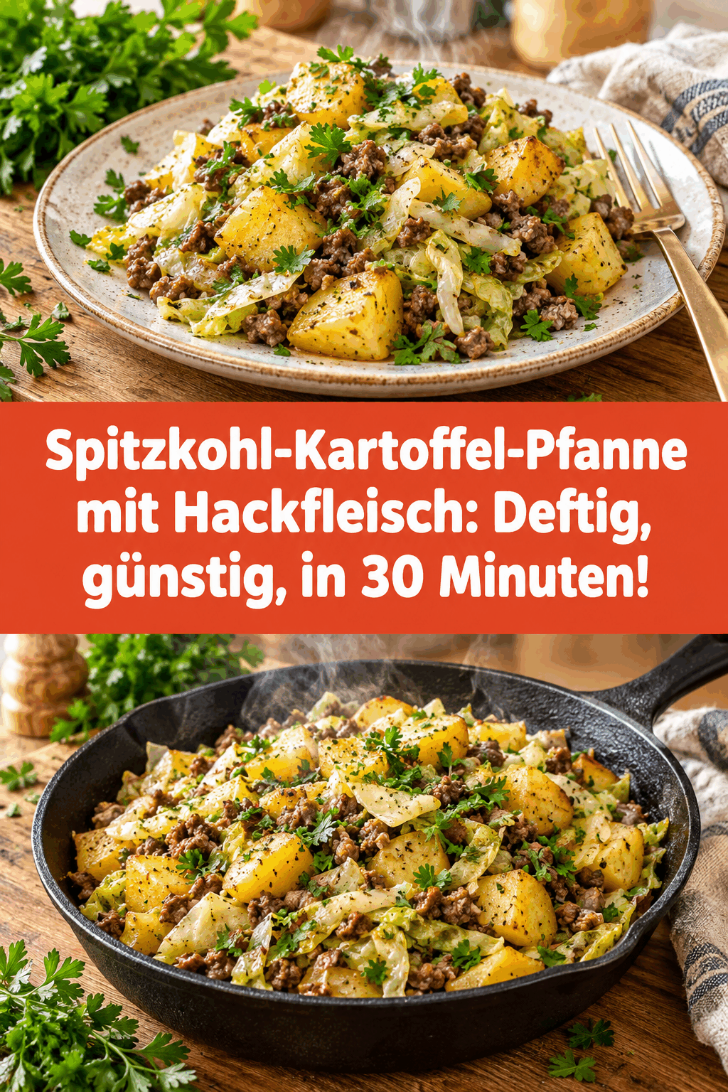 Spitzkohl-Kartoffel-Pfanne mit Hackfleisch: Deftig, günstig, in 30 Minuten!