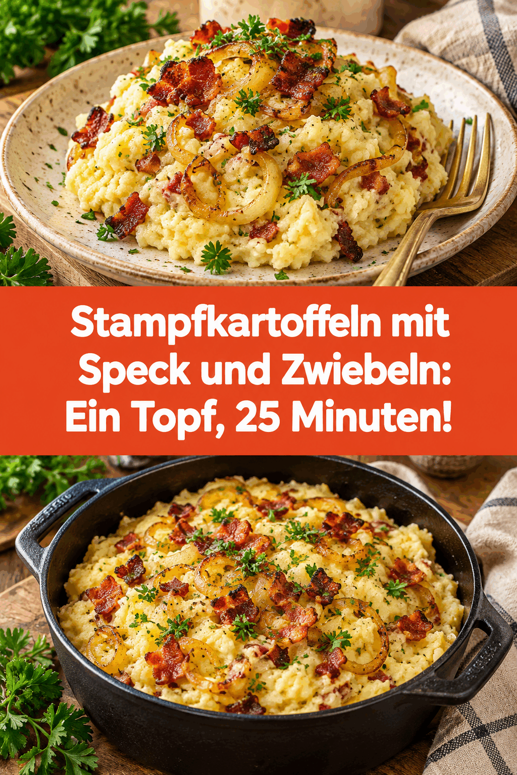 Stampfkartoffeln mit Speck und Zwiebeln: Ein Topf, 25 Minuten!