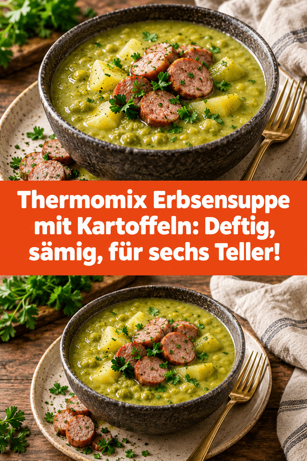 Thermomix Erbsensuppe mit Kartoffeln: Deftig, sämig, für sechs Teller!