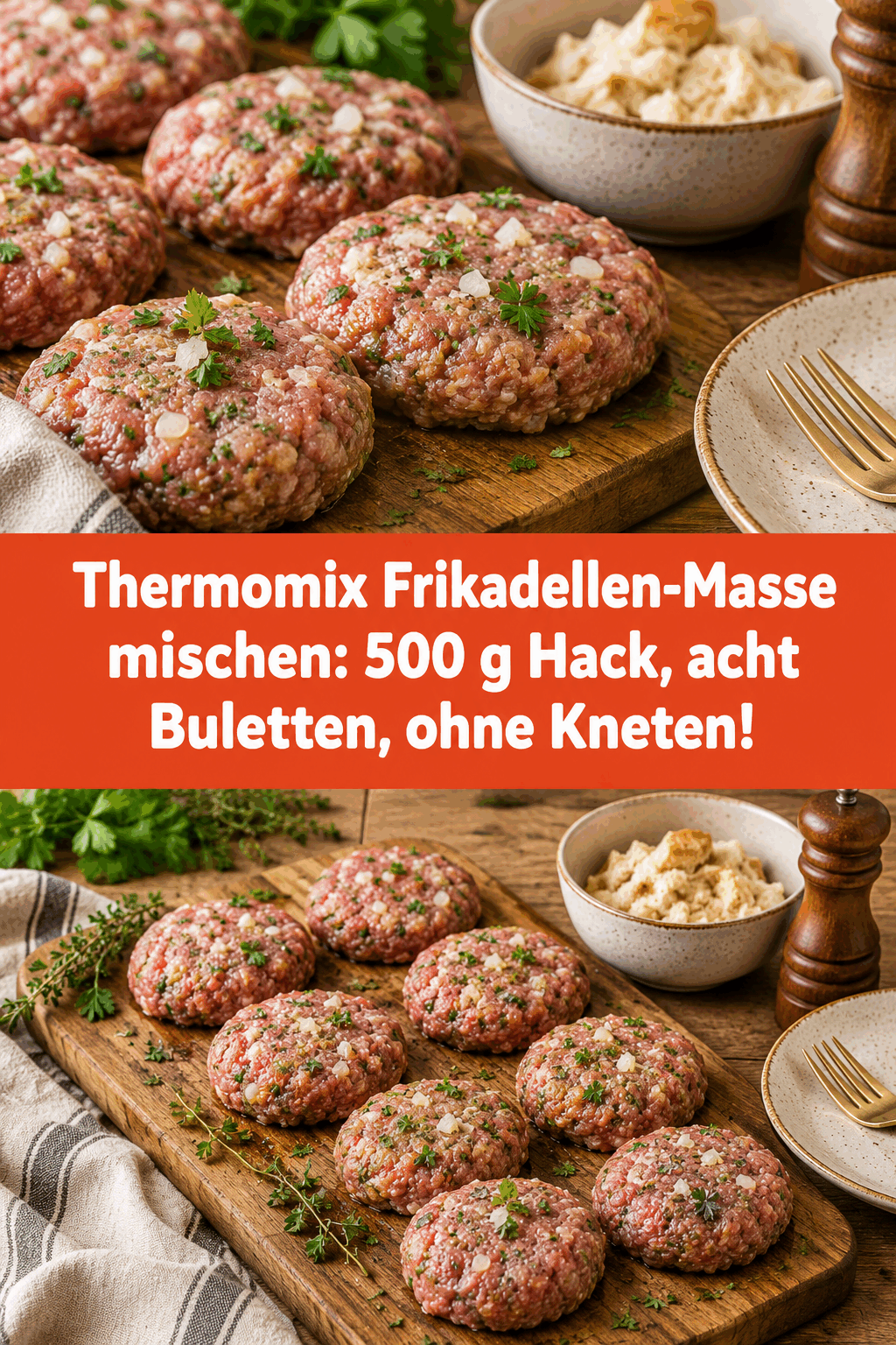 Thermomix Frikadellen-Masse mischen: 500 g Hack, acht Buletten, ohne Kneten!