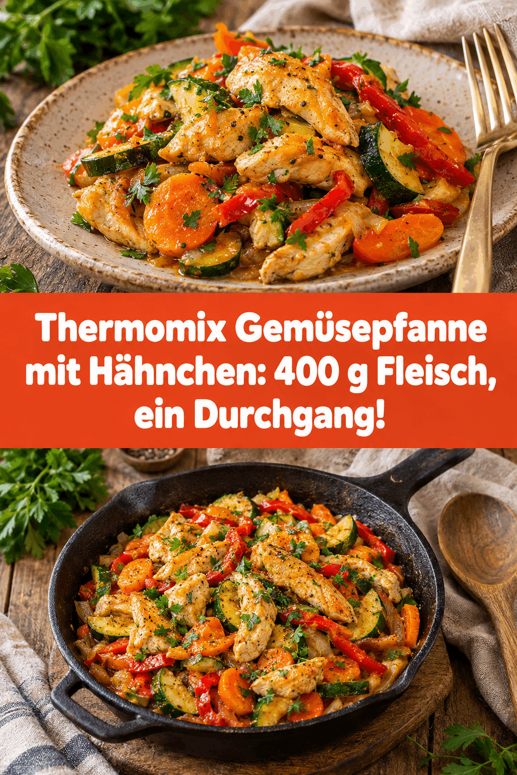 Thermomix Gemüsepfanne mit Hähnchen: 400 g Fleisch, ein Durchgang!