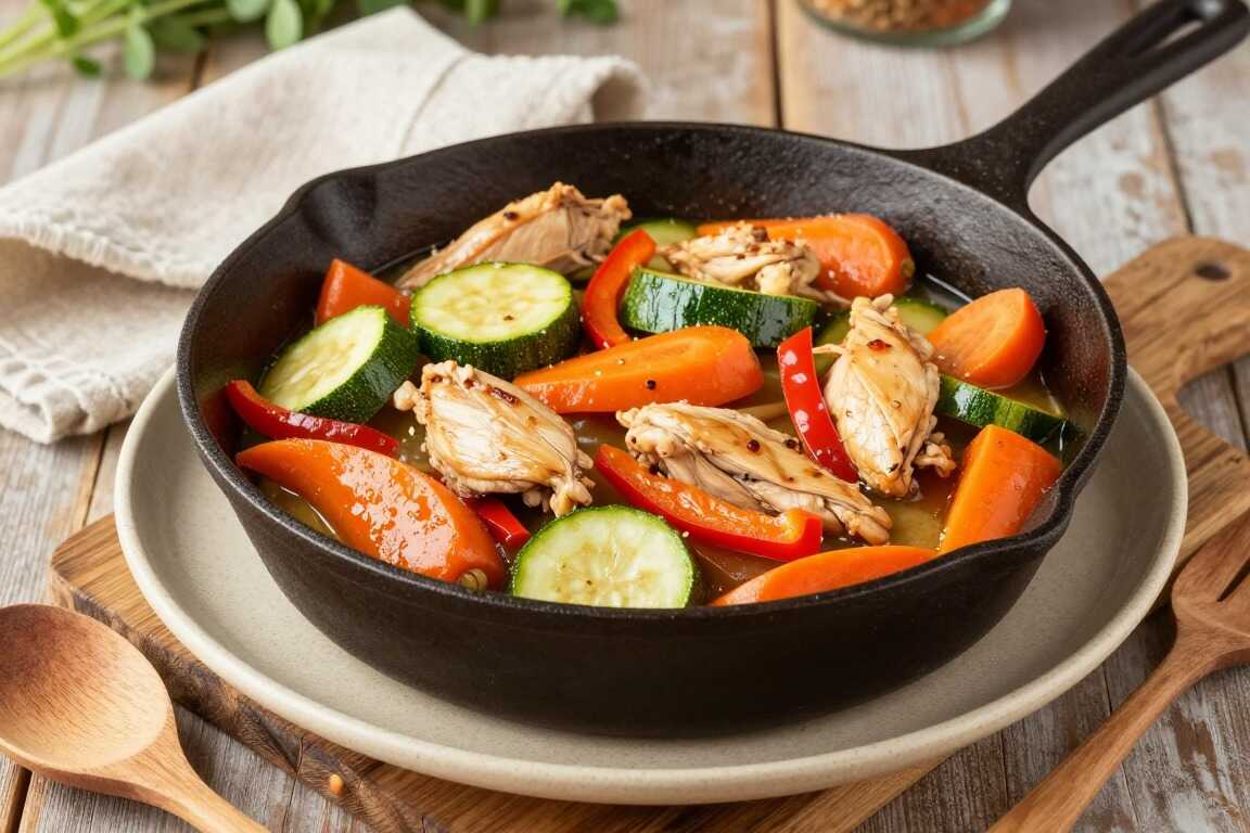 Thermomix Gemüsepfanne mit Hähnchen: 400 g Fleisch, ein Durchgang!