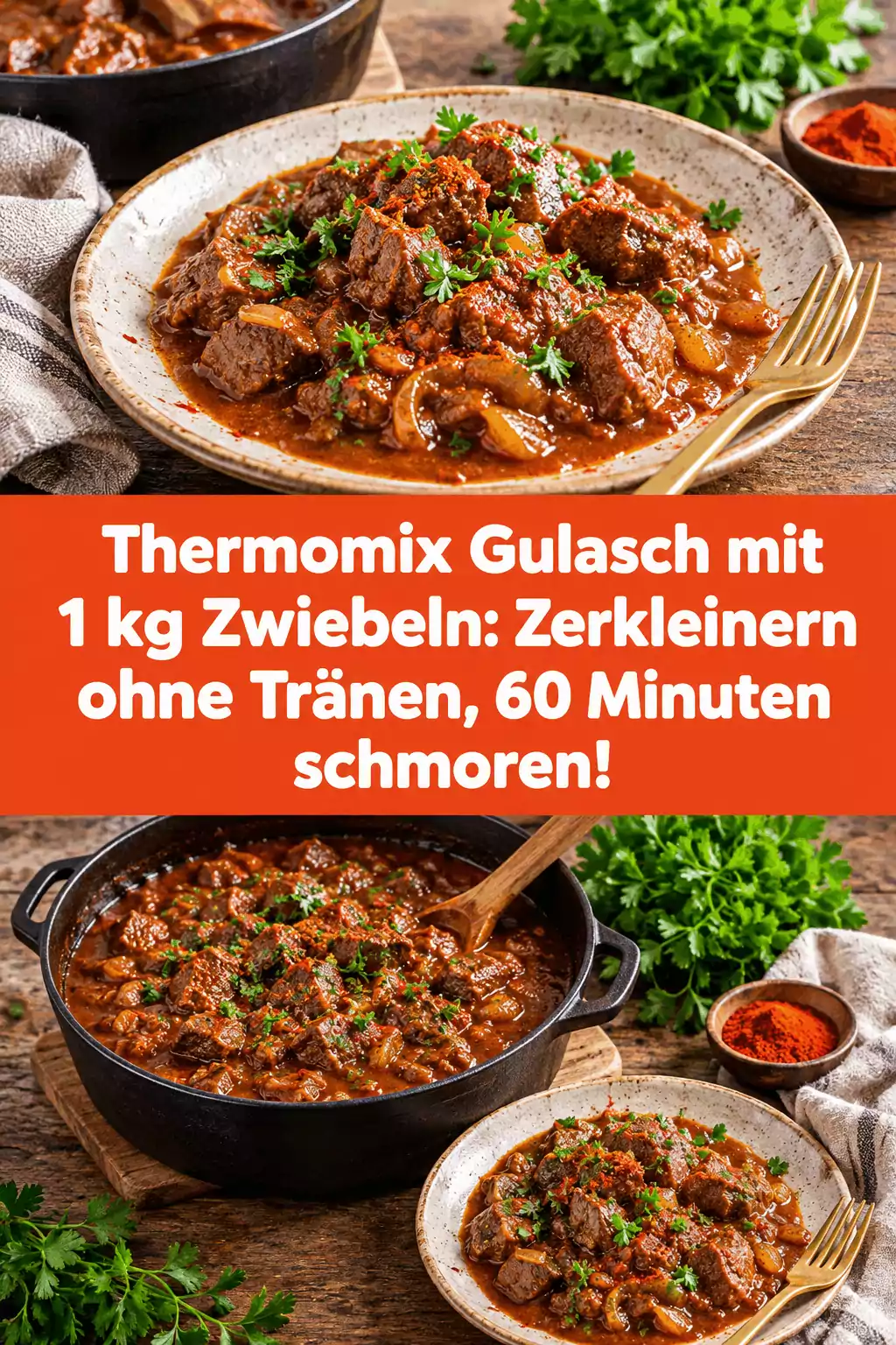 Thermomix Gulasch mit 1 kg Zwiebeln: Zerkleinern ohne Tränen, 60 Minuten schmoren!