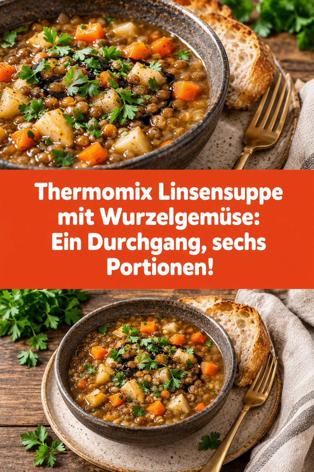 Thermomix Linsensuppe mit Wurzelgemüse: Ein Durchgang, sechs Portionen!