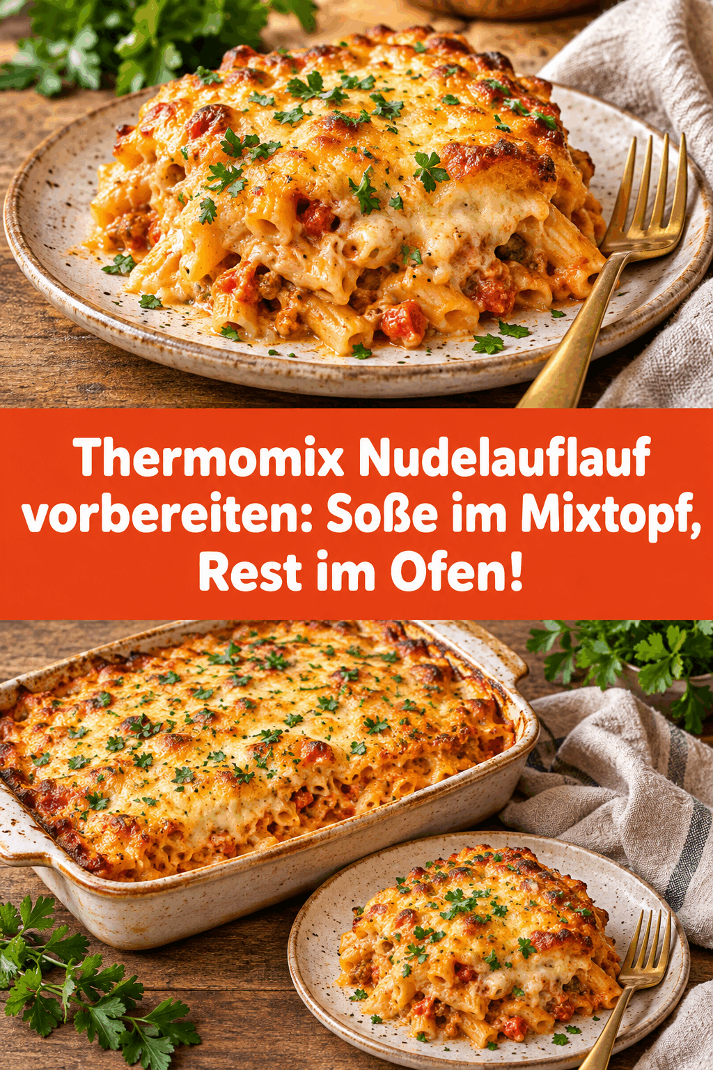 Thermomix Nudelauflauf vorbereiten: Soße im Mixtopf, Rest im Ofen!