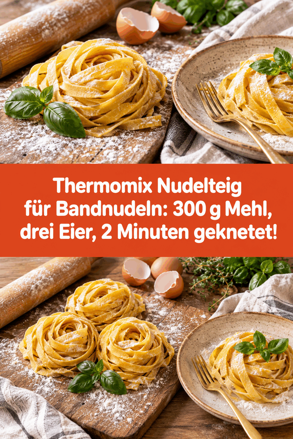 Thermomix Nudelteig für Bandnudeln: 300 g Mehl, drei Eier, 2 Minuten geknetet!