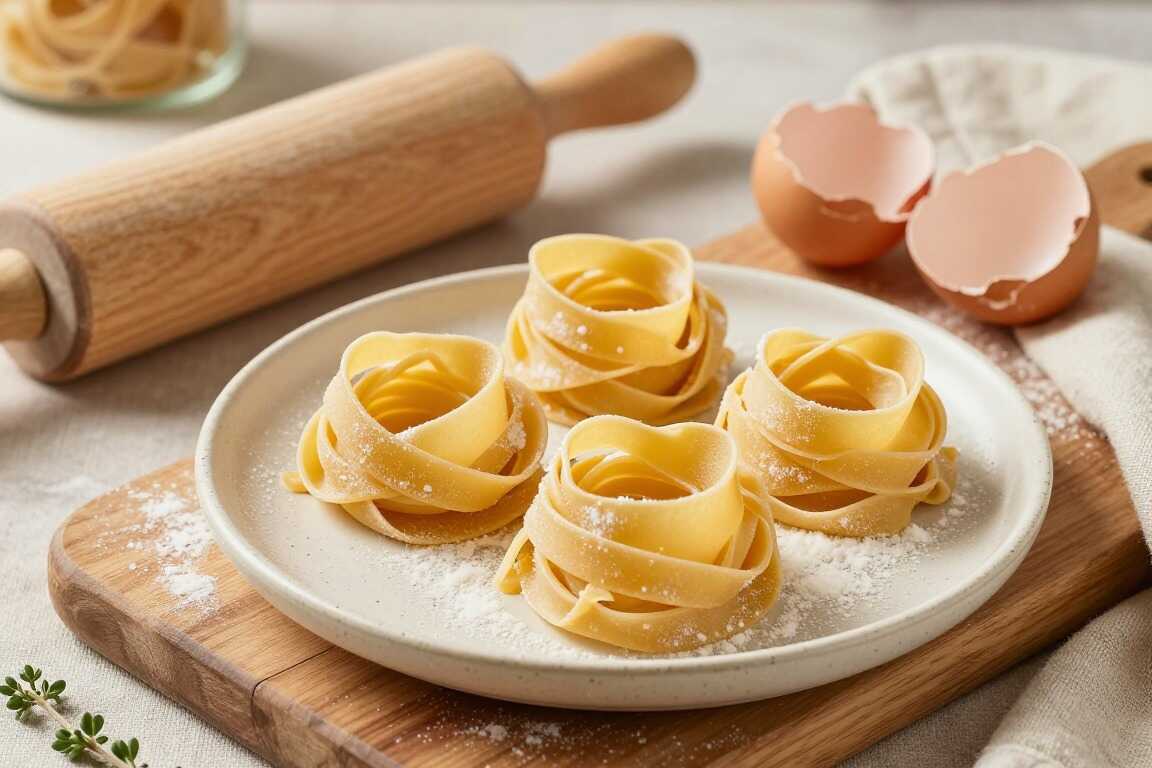 Thermomix Nudelteig für Bandnudeln: 300 g Mehl, drei Eier, 2 Minuten geknetet!