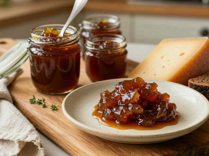 Thermomix Zwiebelmarmelade einkochen: 1 kg Zwiebeln, vier Gläser zum Käse!