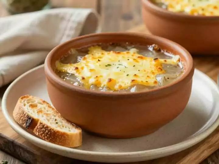 Thermomix Zwiebelsuppe mit Käsehaube: 1 kg Zwiebeln, vier Portionen!