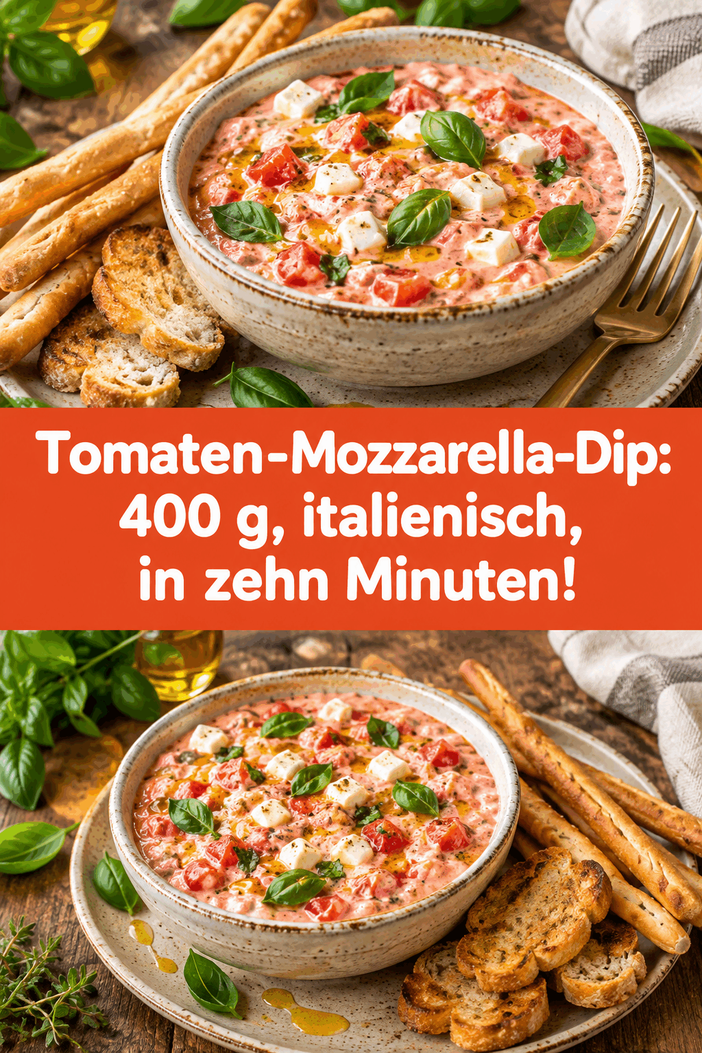 Tomaten-Mozzarella-Dip: 400 g, italienisch, in zehn Minuten!