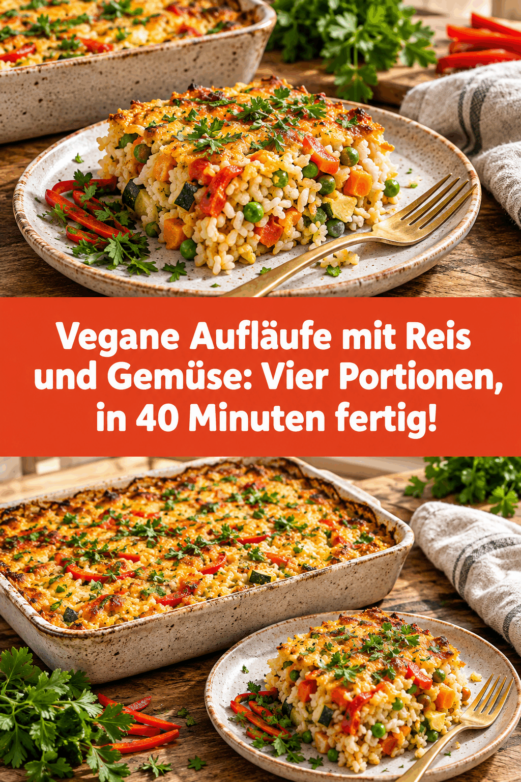 Vegane Aufläufe mit Reis und Gemüse: Vier Portionen, in 40 Minuten fertig!