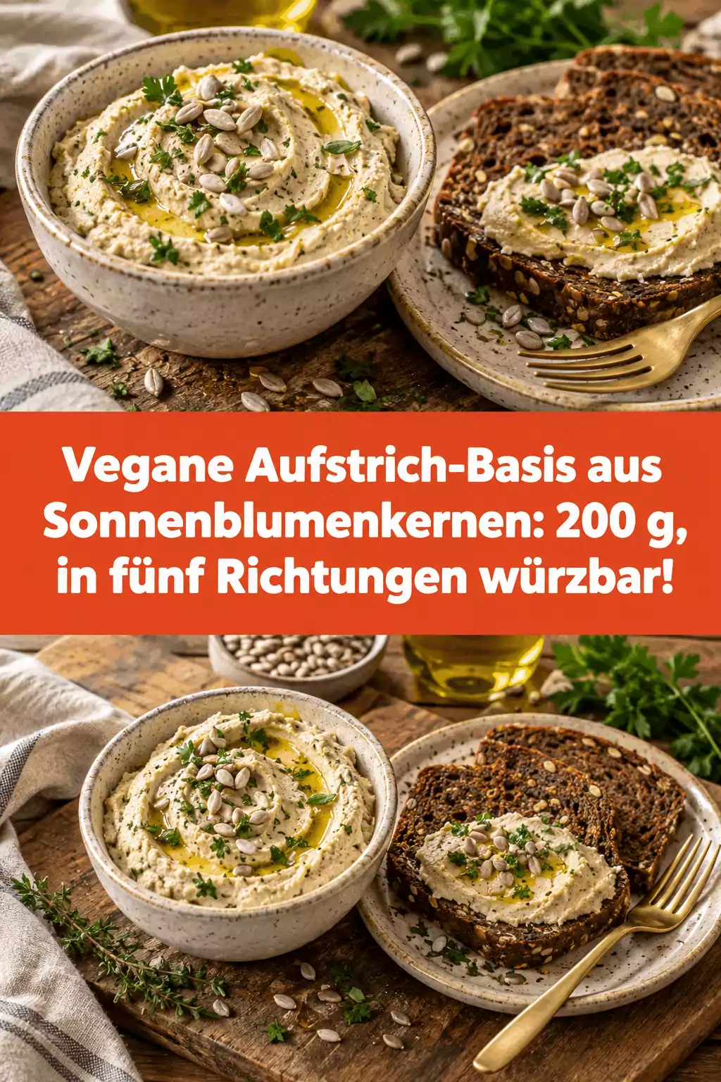 Vegane Aufstrich-Basis aus Sonnenblumenkernen: 200 g, in fünf Richtungen würzbar!
