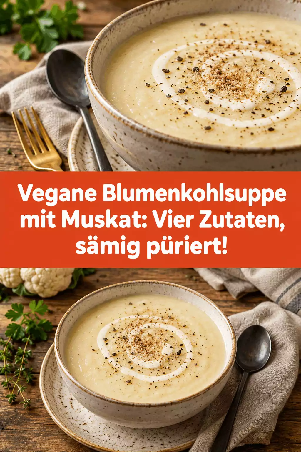 Vegane Blumenkohlsuppe mit Muskat: Vier Zutaten, sämig püriert!