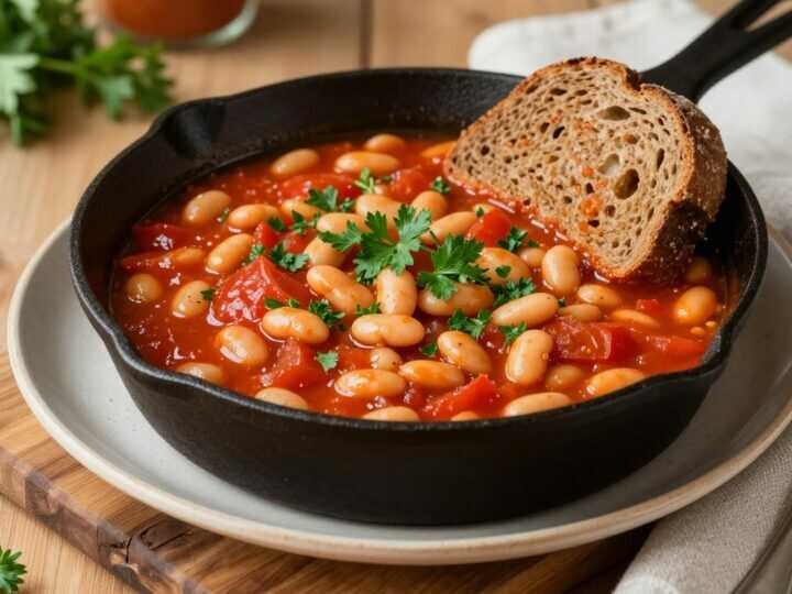Vegane Bohnenpfanne mit Tomaten: 800 g Bohnen, ein Topf, deftig gewürzt!