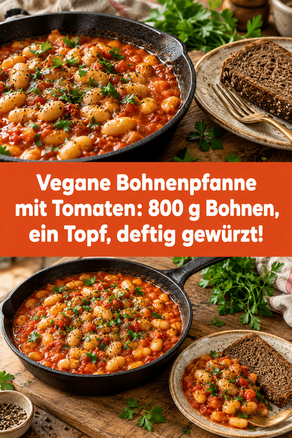 Vegane Bohnenpfanne mit Tomaten: 800 g Bohnen, ein Topf, deftig gewürzt!