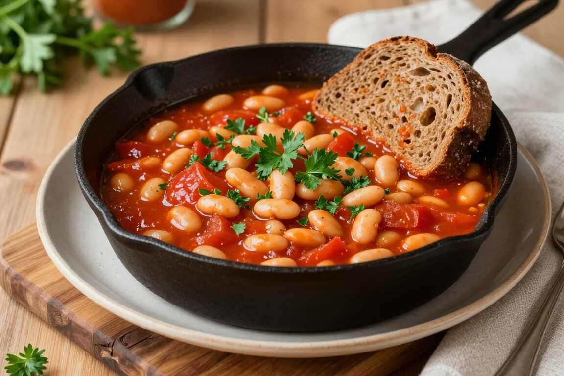 Vegane Bohnenpfanne mit Tomaten: 800 g Bohnen, ein Topf, deftig gewürzt!
