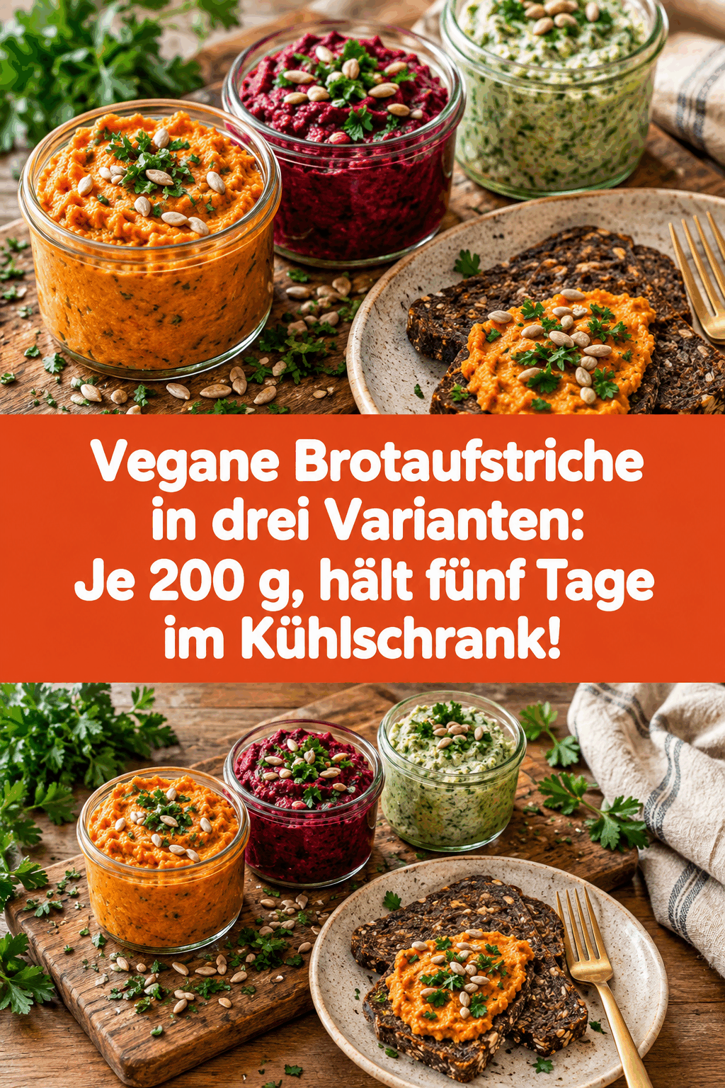 Vegane Brotaufstriche in drei Varianten: Je 200 g, hält fünf Tage im Kühlschrank!